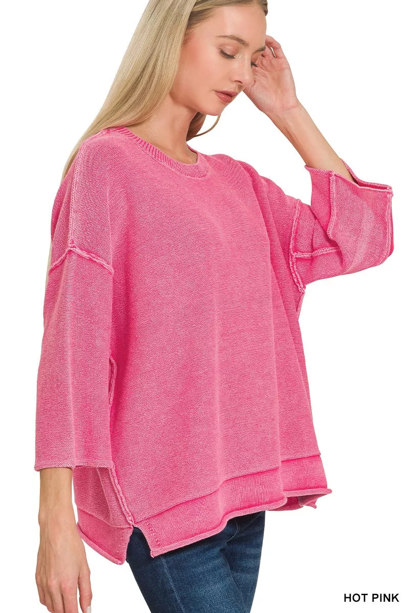 Zenana Washed 3/4 Sleeve Boxy Sweater