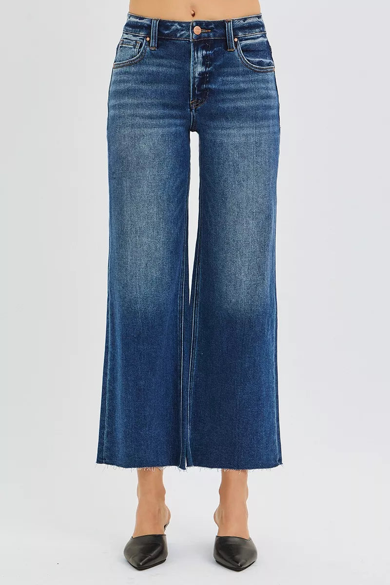 RISEN Full Size Mid Rise Crop Wide Raw Cut Hem Jeans Plus Size