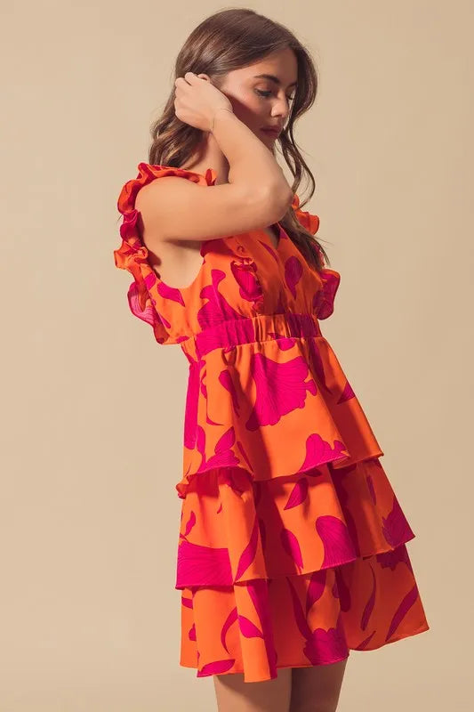 SO ME Floral V Neck Layered Dress with Elasticized Waist