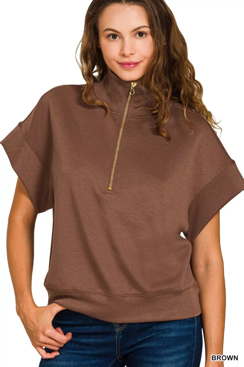 Zenana Full Size Scuba High Neck Half Zip Short Sleeve Top Plus Size