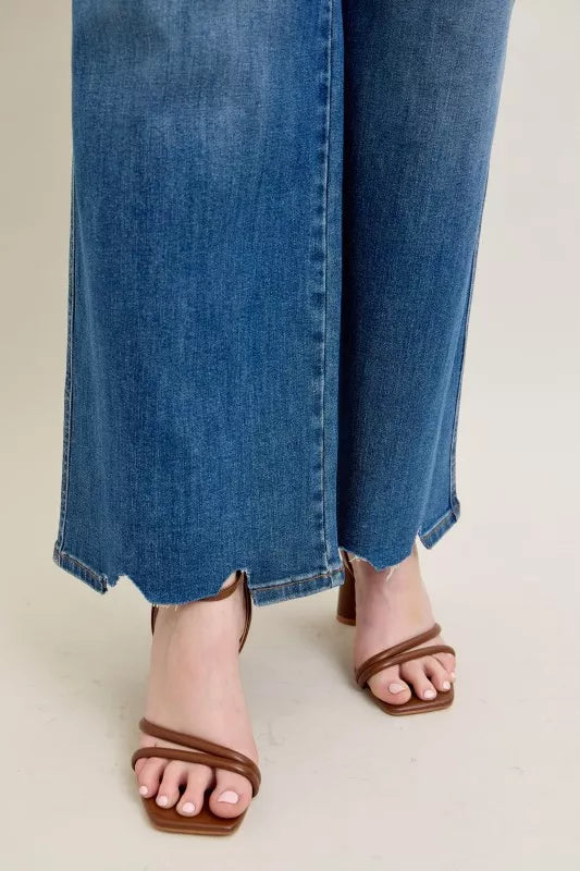 Judy Blue Full Size High Waist Tummy Control Chew Hem Destroy Wide Jeans Plus Size
