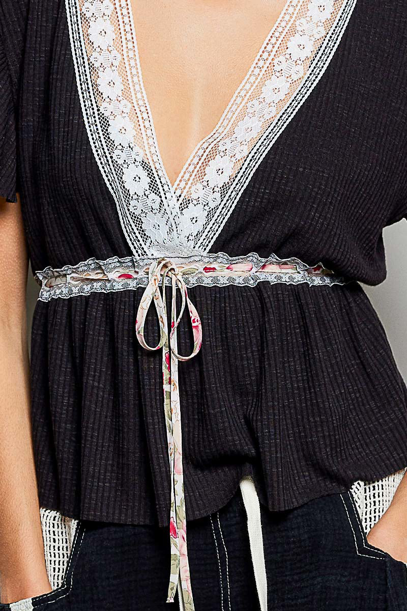 POL Tied Ruffled V-Neck Short Sleeve Blouse with Lace Detail