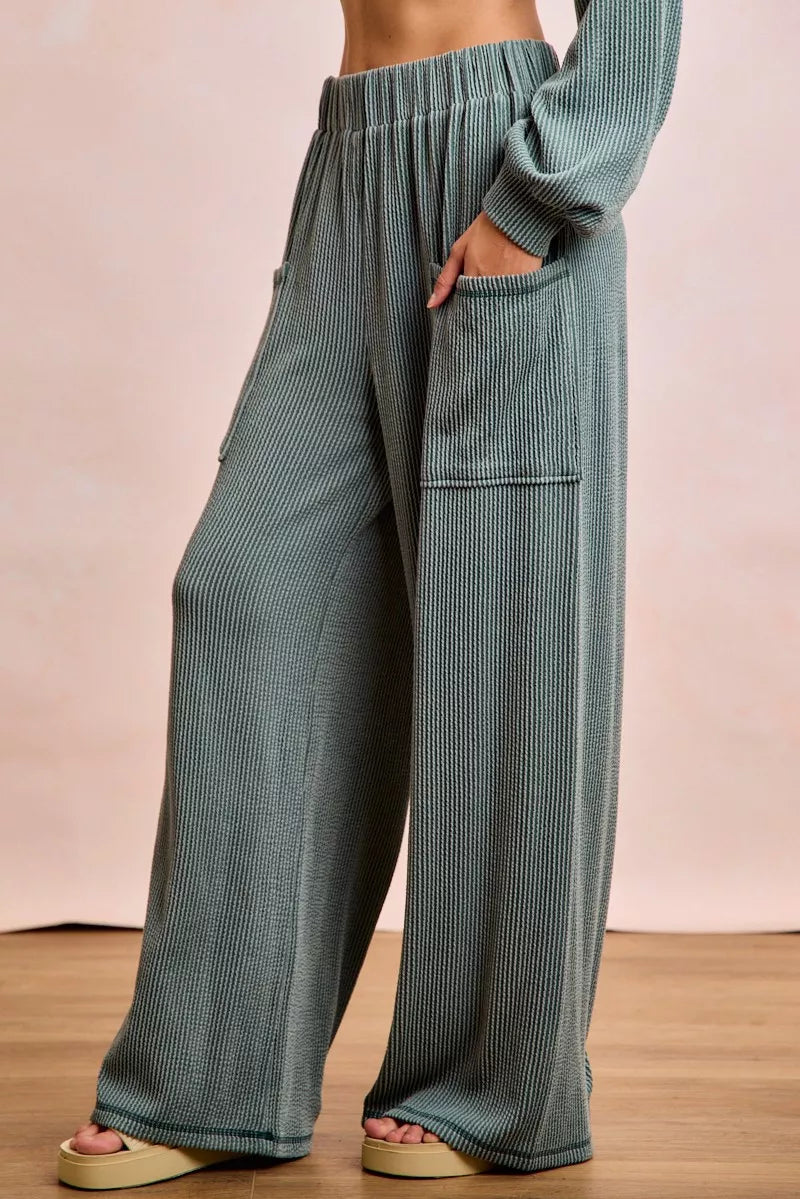 BiBi Two Tone Cord Rib Contrast Stitching V-Neck Top and Pants Set