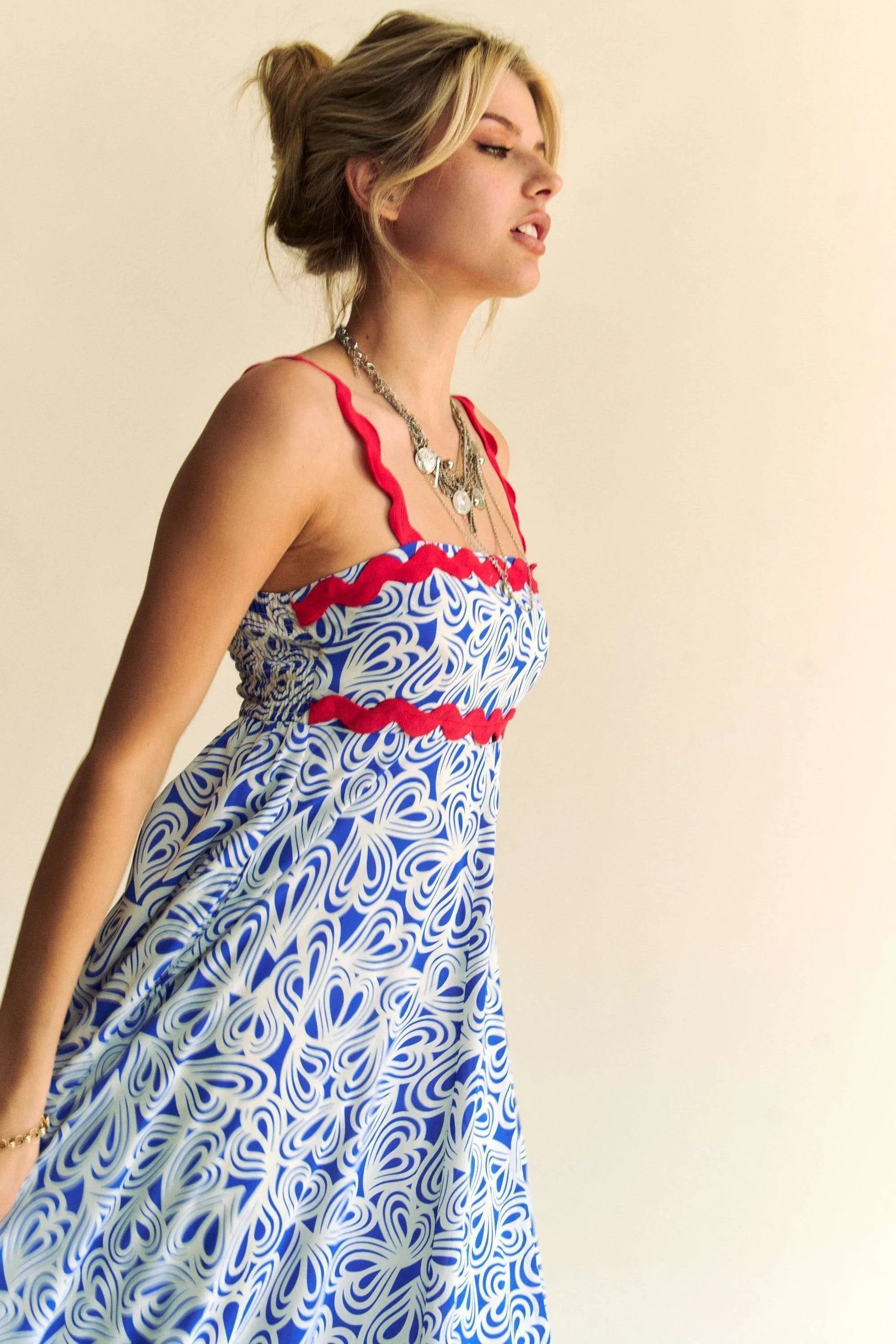 Davi & Dani Geo 2 Tone Printed Wavi Trim Tiered Maxi Dress