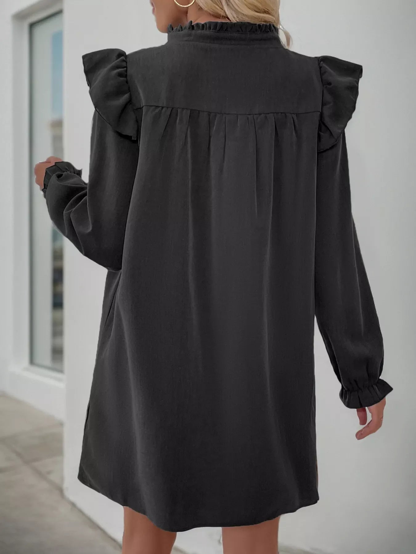 Ruffled Notched Flounce Sleeve Dress