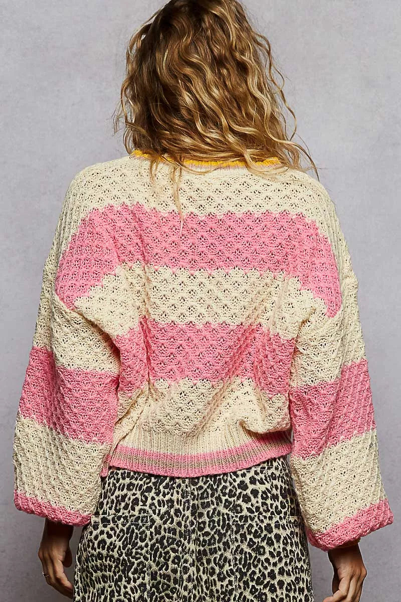 POL Contrast Striped Round Neck Sweater with Textured Cable Knit Pattern