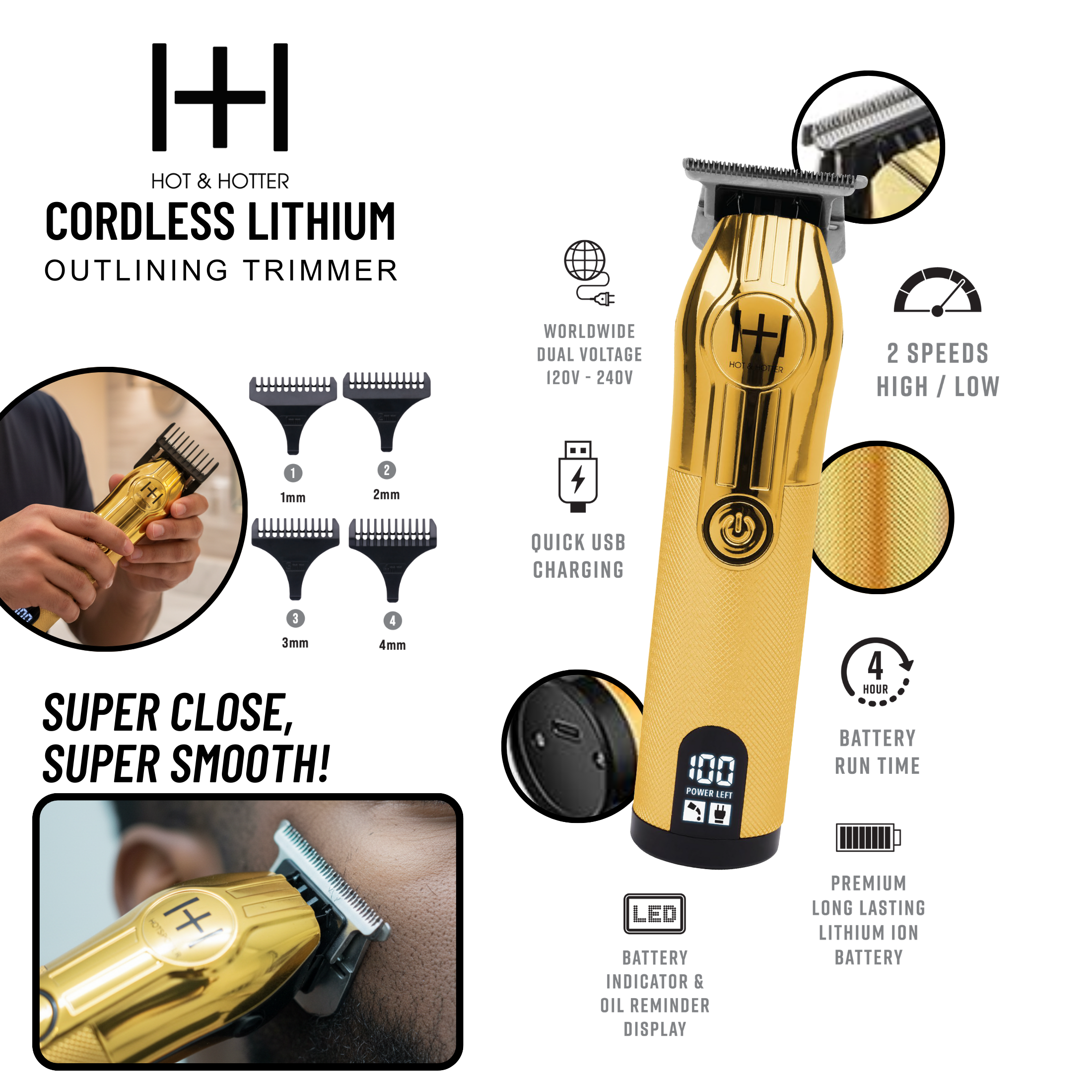 Hot & Hotter Cordless Lithium Outlining Trimmer, 1 Count, Gold