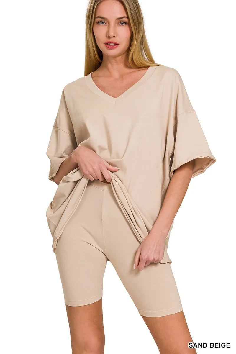 Zenana Cotton V-neck Top & Biker Shorts Set