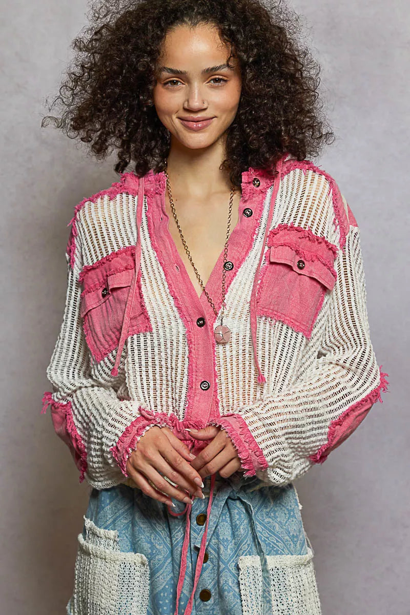 POL Texture Woven Button Down Hooded Shirt with Drawstring Hem