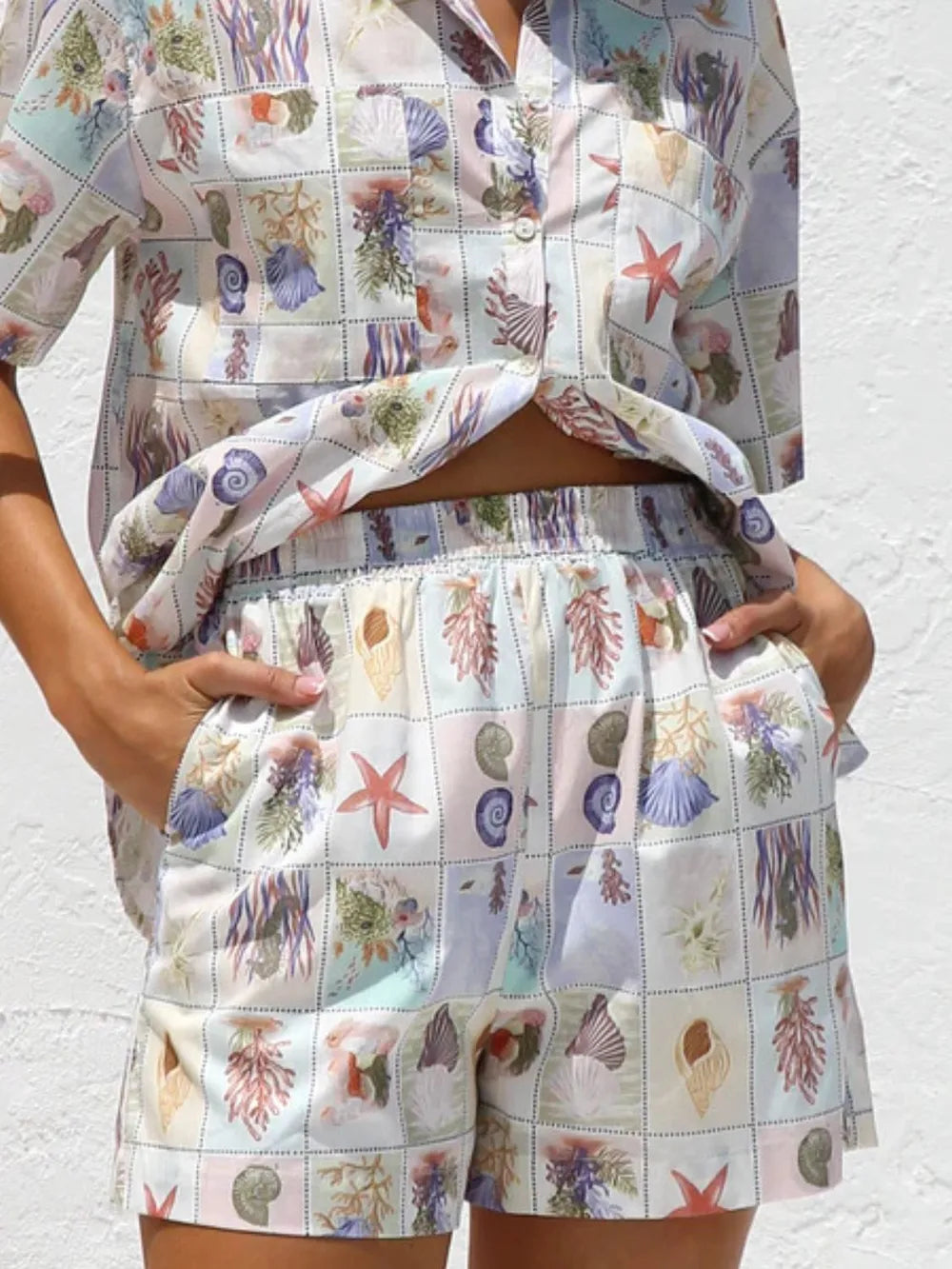 Printed Button Down Short Sleeve Top and Shorts Set