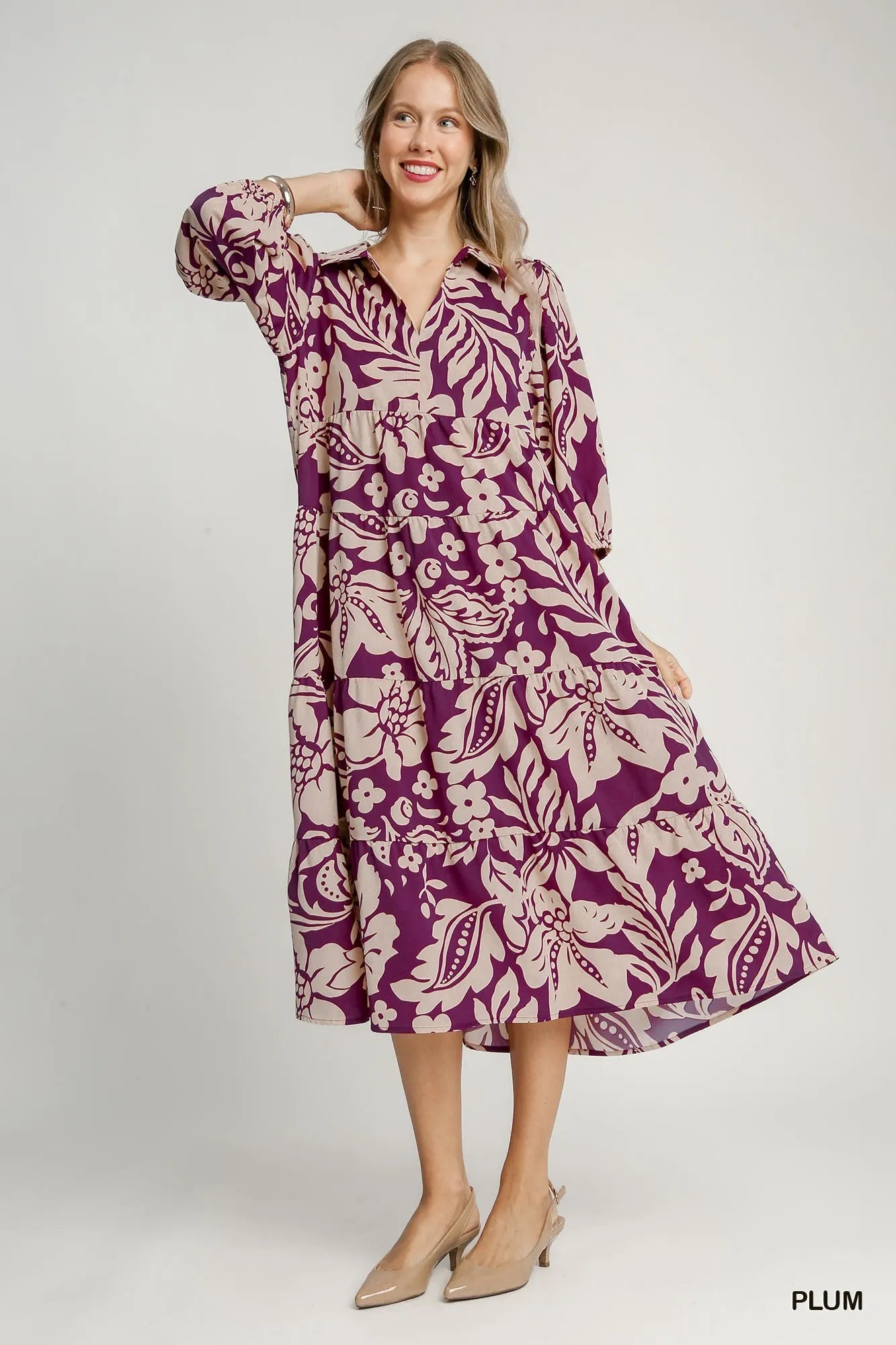 Umgee Floral Print Tiered Midi Dress