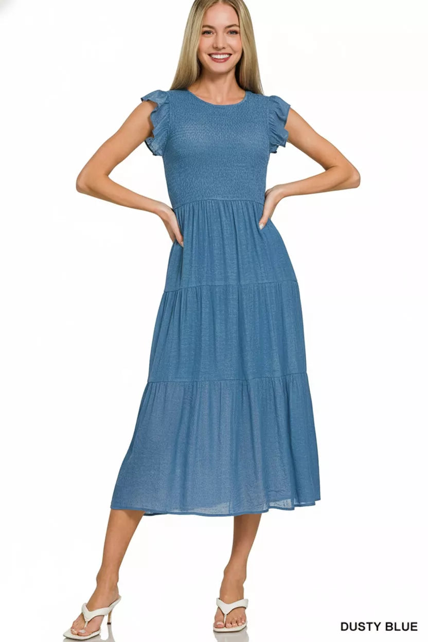 Zenana Woven Smocked Ruffle Sleeve Midi Dress