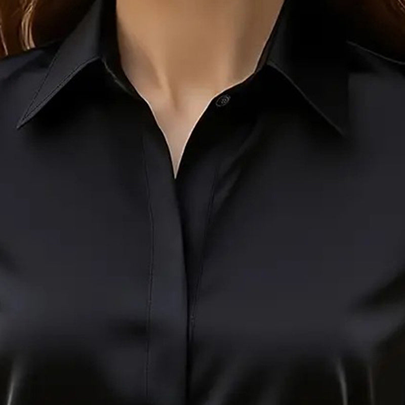 Loose Fit Satin Blouse — V-Neck Long Sleeve Tunic Top for Office & Casual Wear