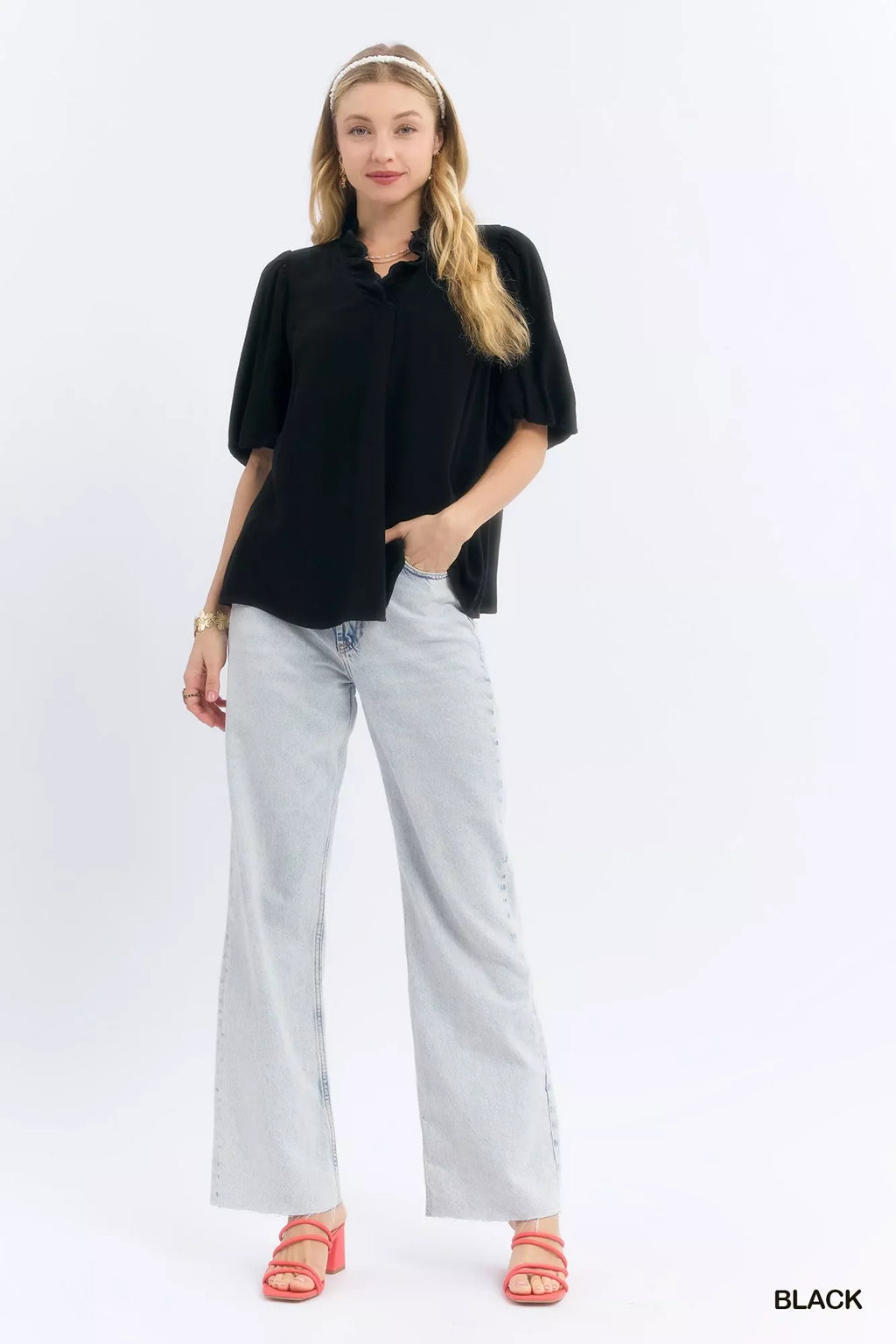 Umgee Linen Scallop Trim V-Neck Blouse