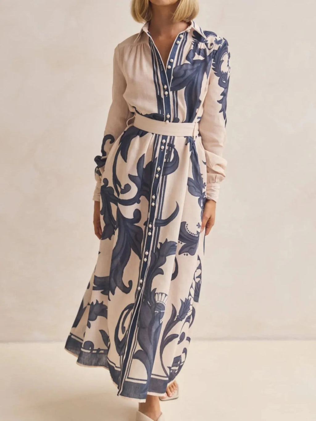 Printed Button Down Belted Shirt Dress