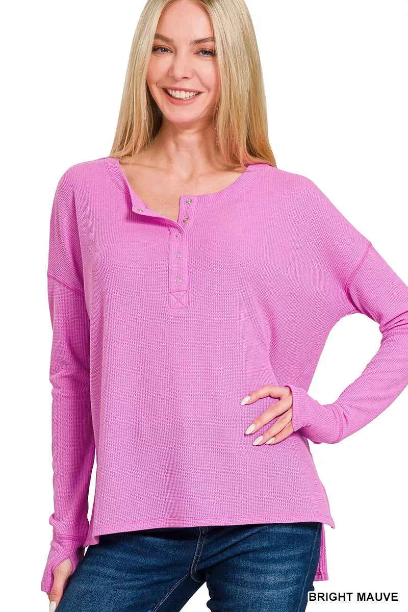 Zenana Waffle Thumb Hole Cuffs Henley Tee