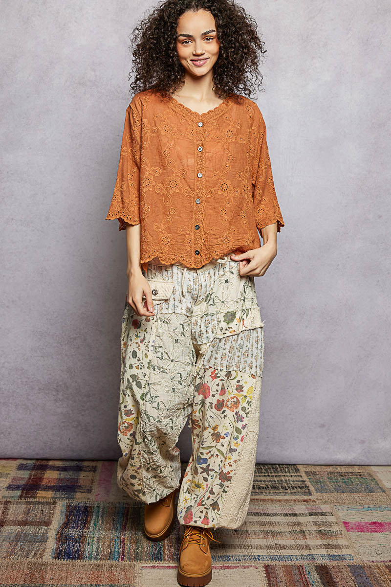 POL Floral Eyelet V-Neck Salloped Shirt