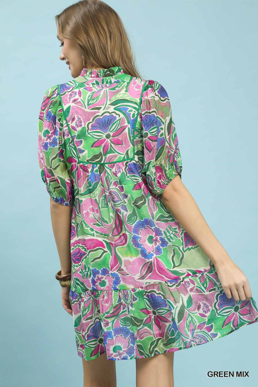 Umgee Abstract Print V-Neck Baby Doll Dress