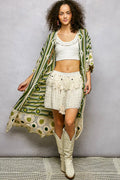 POL Striped and Floral Pattern Crochet Longline Cardigan