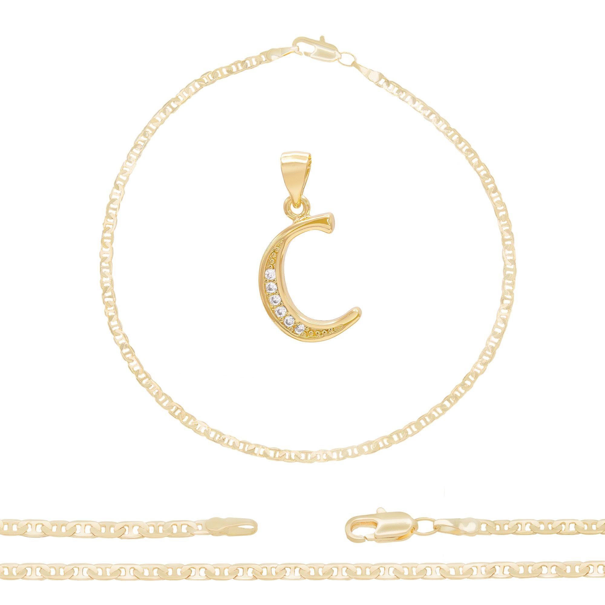 A-Z Initial Letter Pendant 14K Gold Filled Cubic Zirconia Mariner Chain Anklet 10" Set 3 mm  Women Jewelry