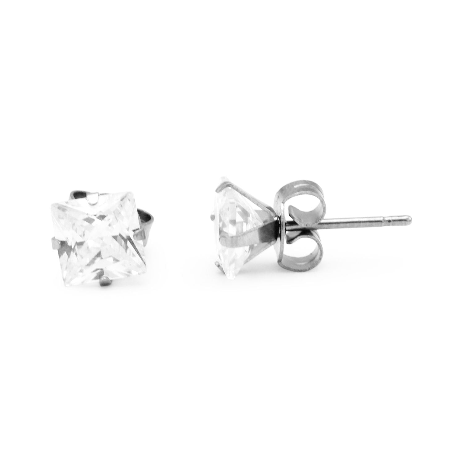 Cubic Zirconia Square Stud Earrings Stainless Steel Silver Jewelry Men Women