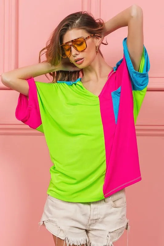 BiBi Slinky Knit Color Block V Neck Front Top