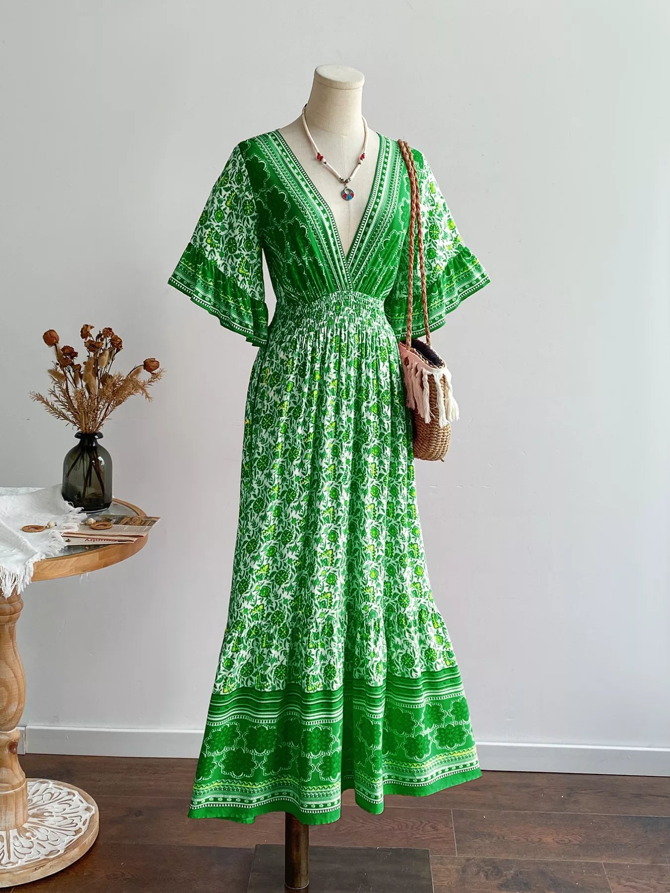 Floral Deep V-Neck Flutter Sleeves Dress