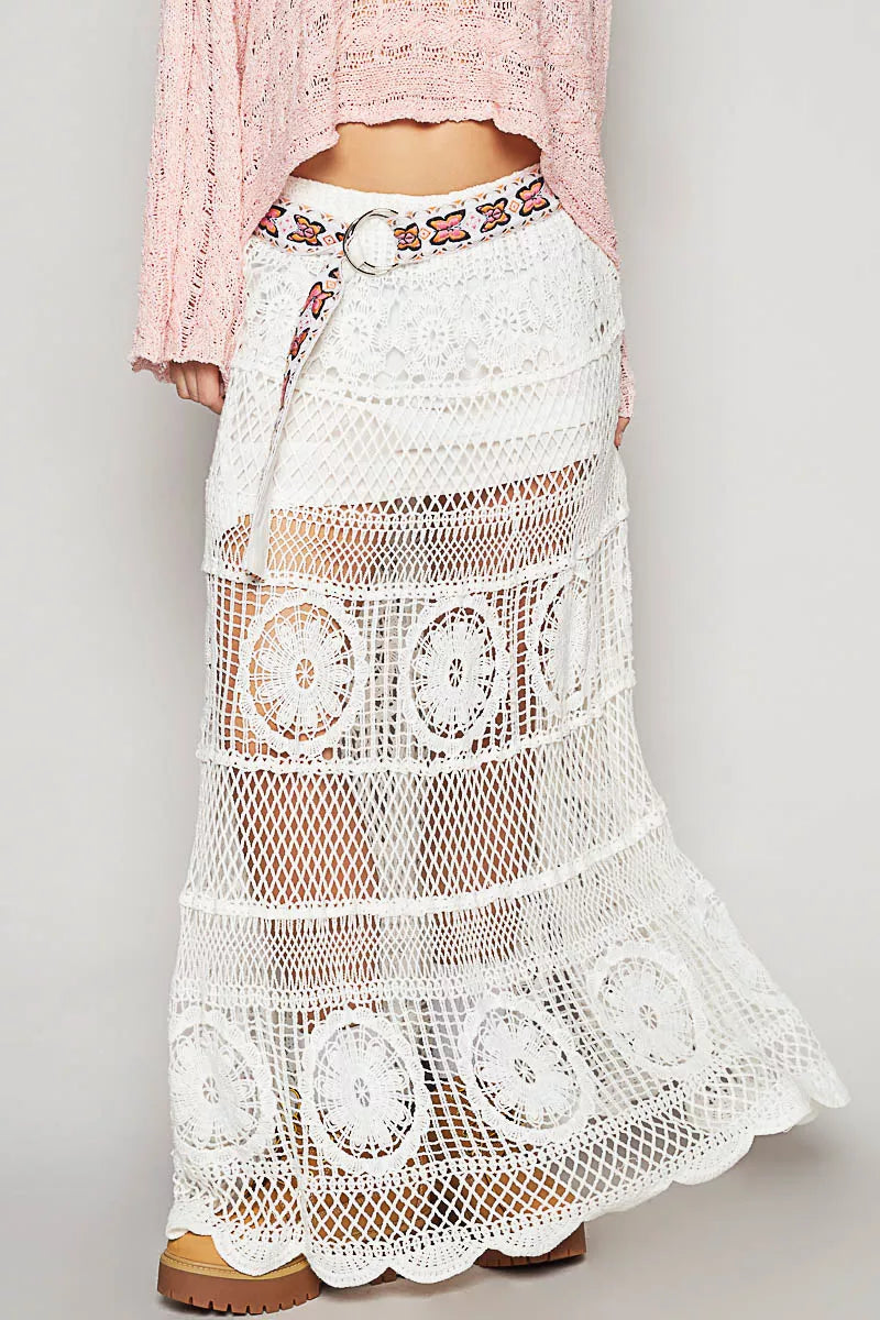POL Crochet Floral Flared Skirt with Elastic Waist Band