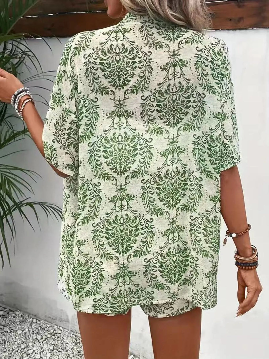 Printed Open Front Cardigan and Shorts Set