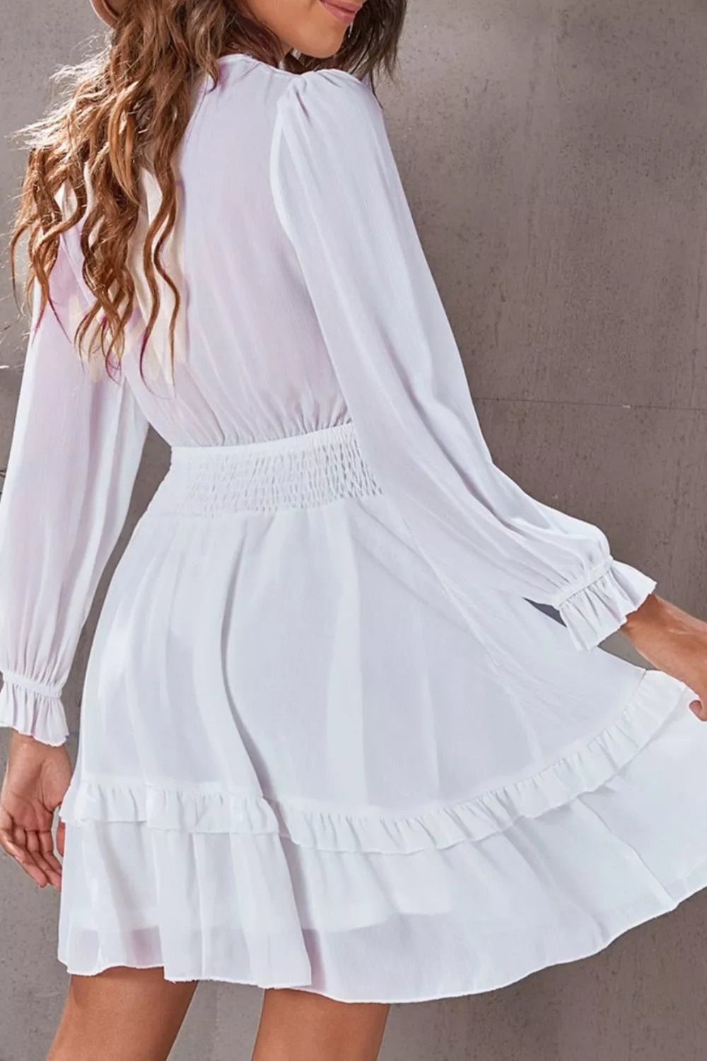 Elegant Tie-Front Ruffle Mini Dress with Smocked Wiast