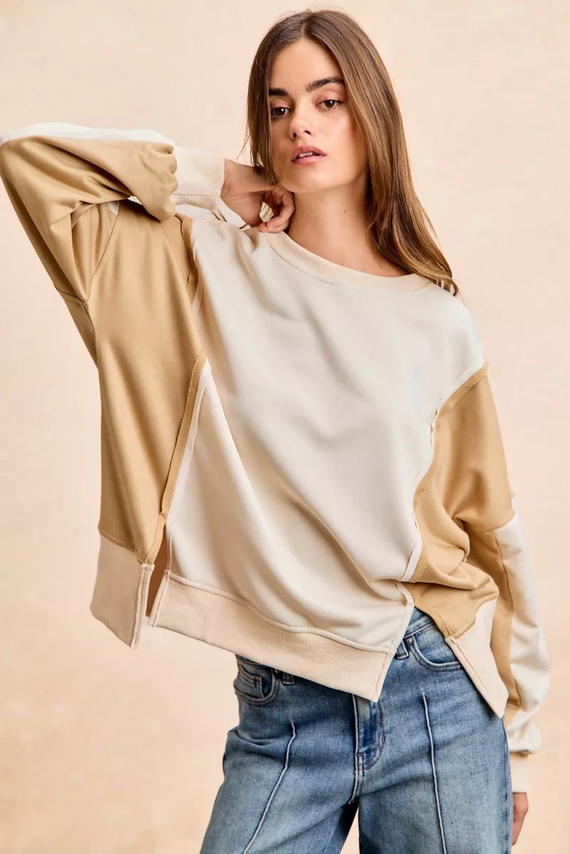 BiBi French Terry Color Block Top With Open Seam Detail