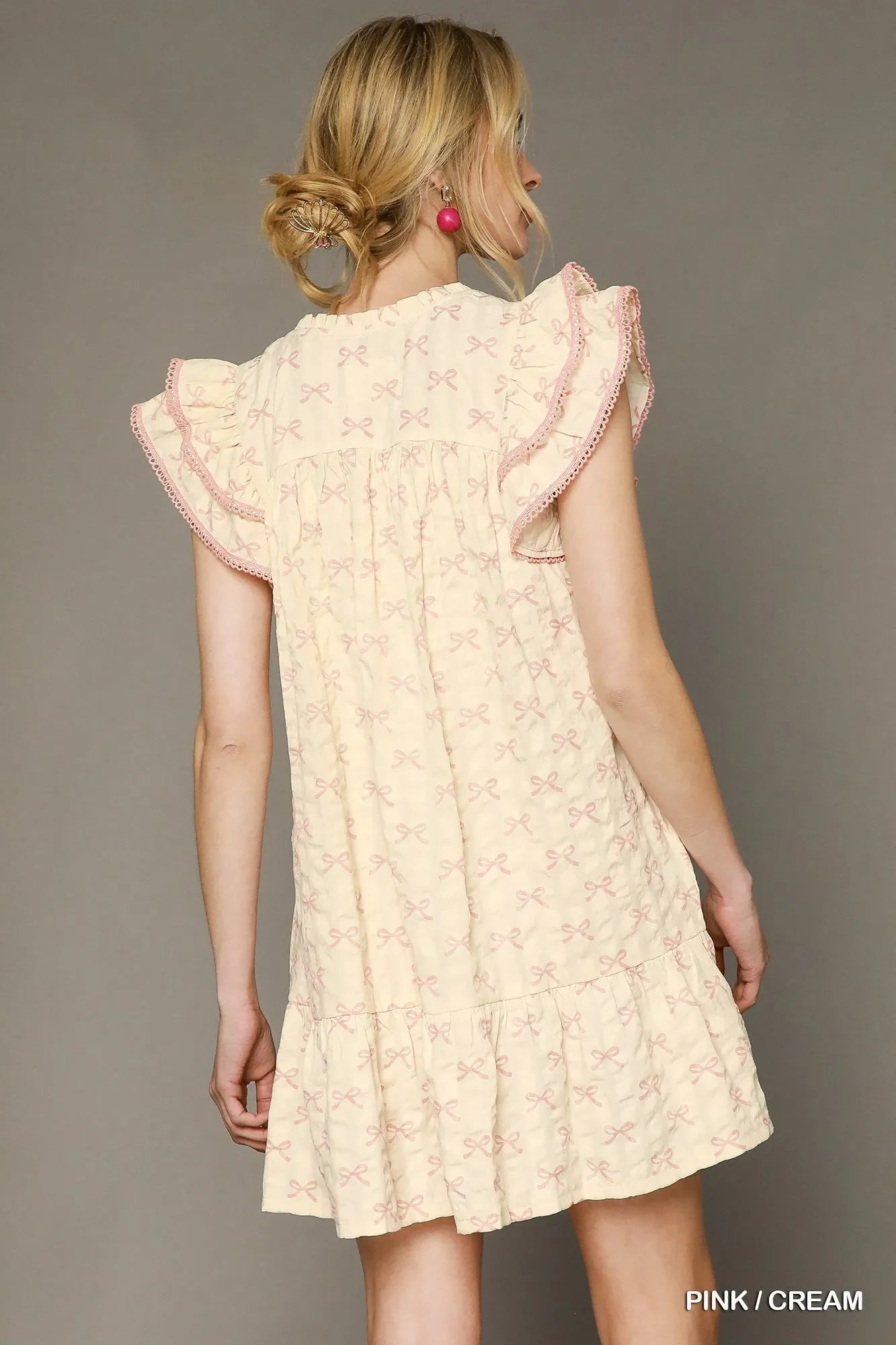 Umgee Bow Print Ruffled Cap Sleeve Mini Dress