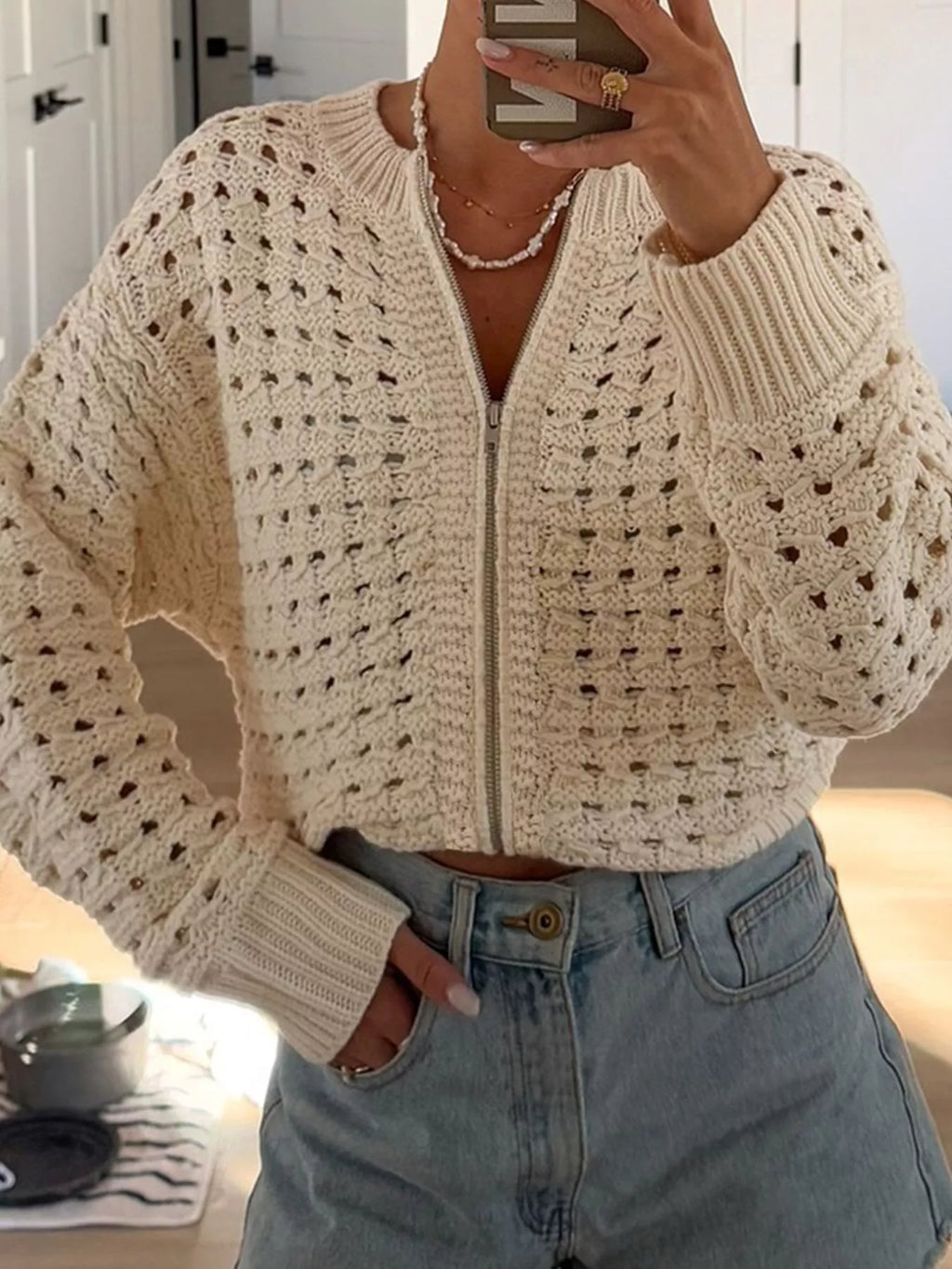 Openwork Zip-Up Cardigan