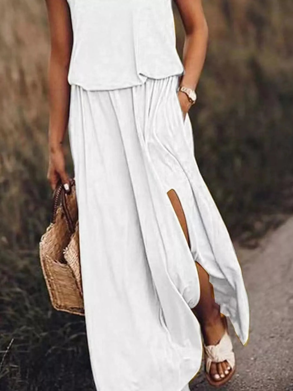 Full Size Round Neck Sleeveless Slit Maxi Dress Plus Size