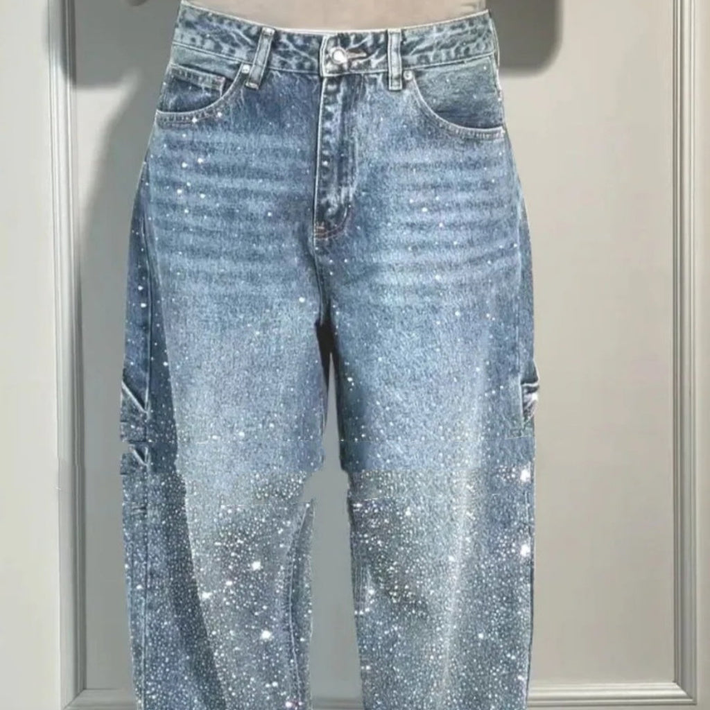 Ins Shiny Straight Jeans With Pockets Fashion Loose Wide-leg Pants For Women Street-style Trousers