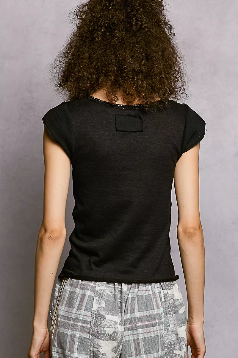 POL V-Neck Lightweight Textured Short Sleeve Knit Top with Lace Trim