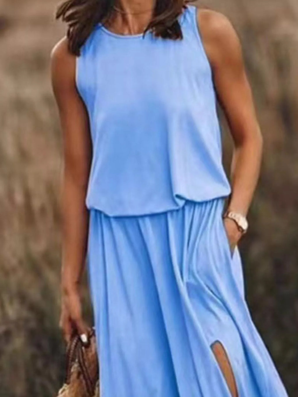 Full Size Round Neck Sleeveless Slit Maxi Dress Plus Size