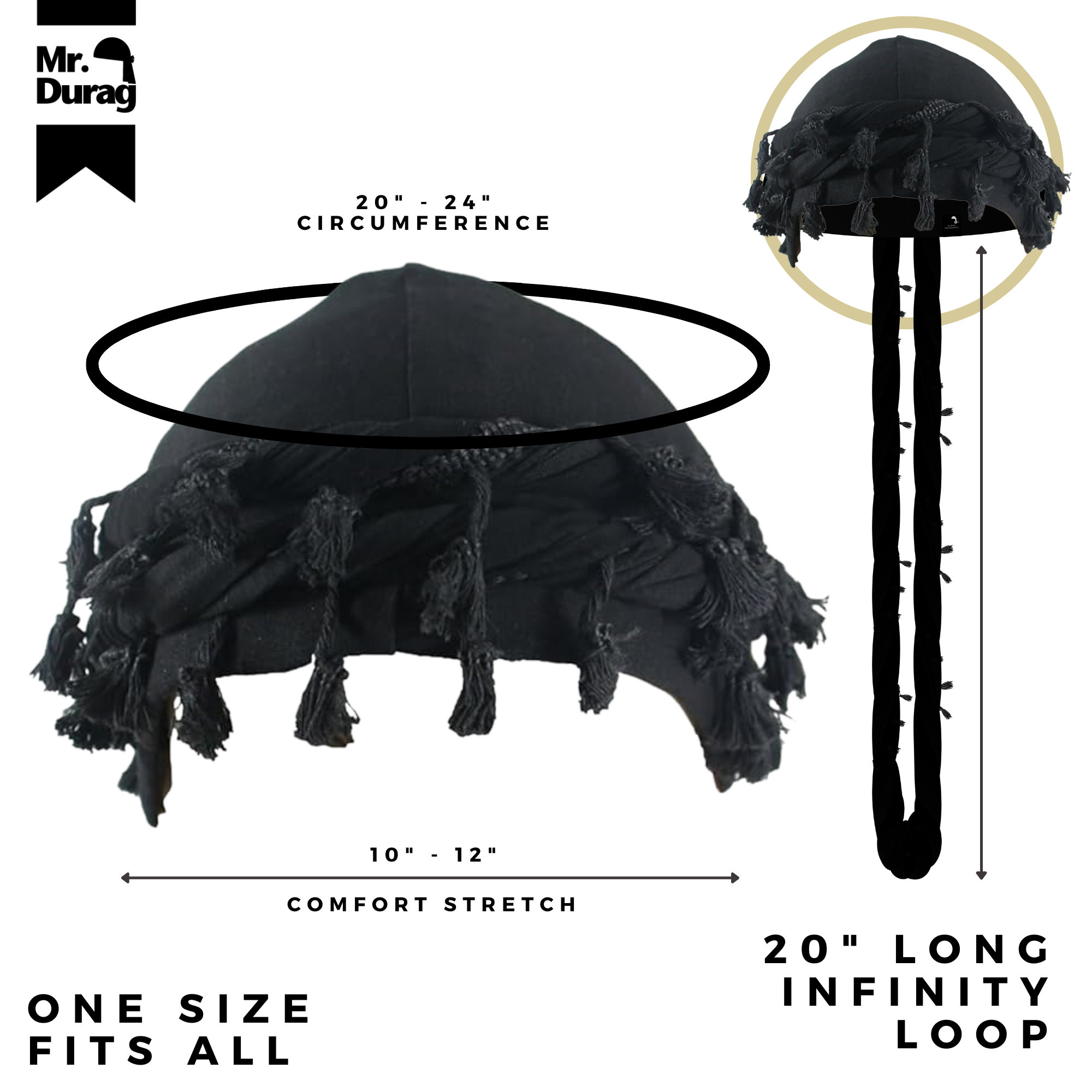 Mr. Durag Silky Spandex Crown Turban with Tassel L/XL, 1 Count Men's Halo Turban, Black