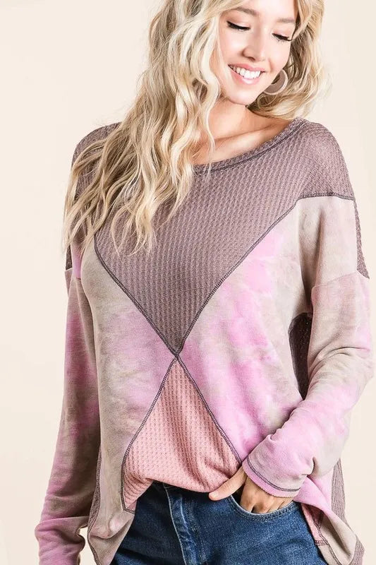 BiBi Thermal Waffle Color Block Top with Tie Dye