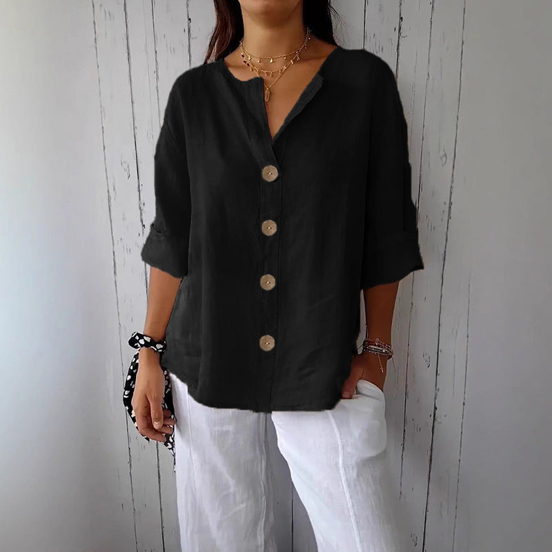 Loose-fit Women's V-neck Cotton-Linen Button T-shirt Top