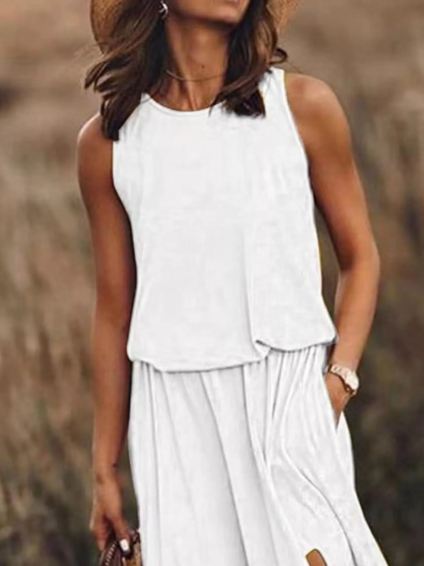 Full Size Round Neck Sleeveless Slit Maxi Dress Plus Size