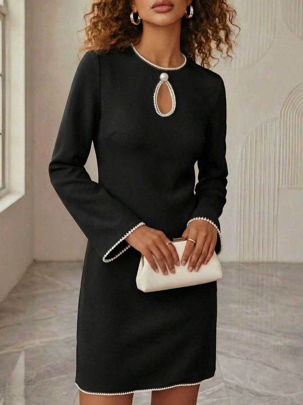 Keyhole Pearl Trim Mini Dress