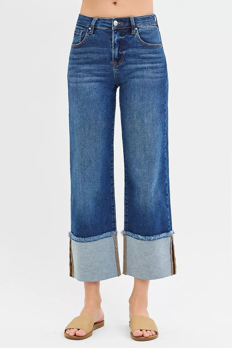 RISEN Full Size Mid Rise Crop Wide Wide Cuffed Jeans Plus Size