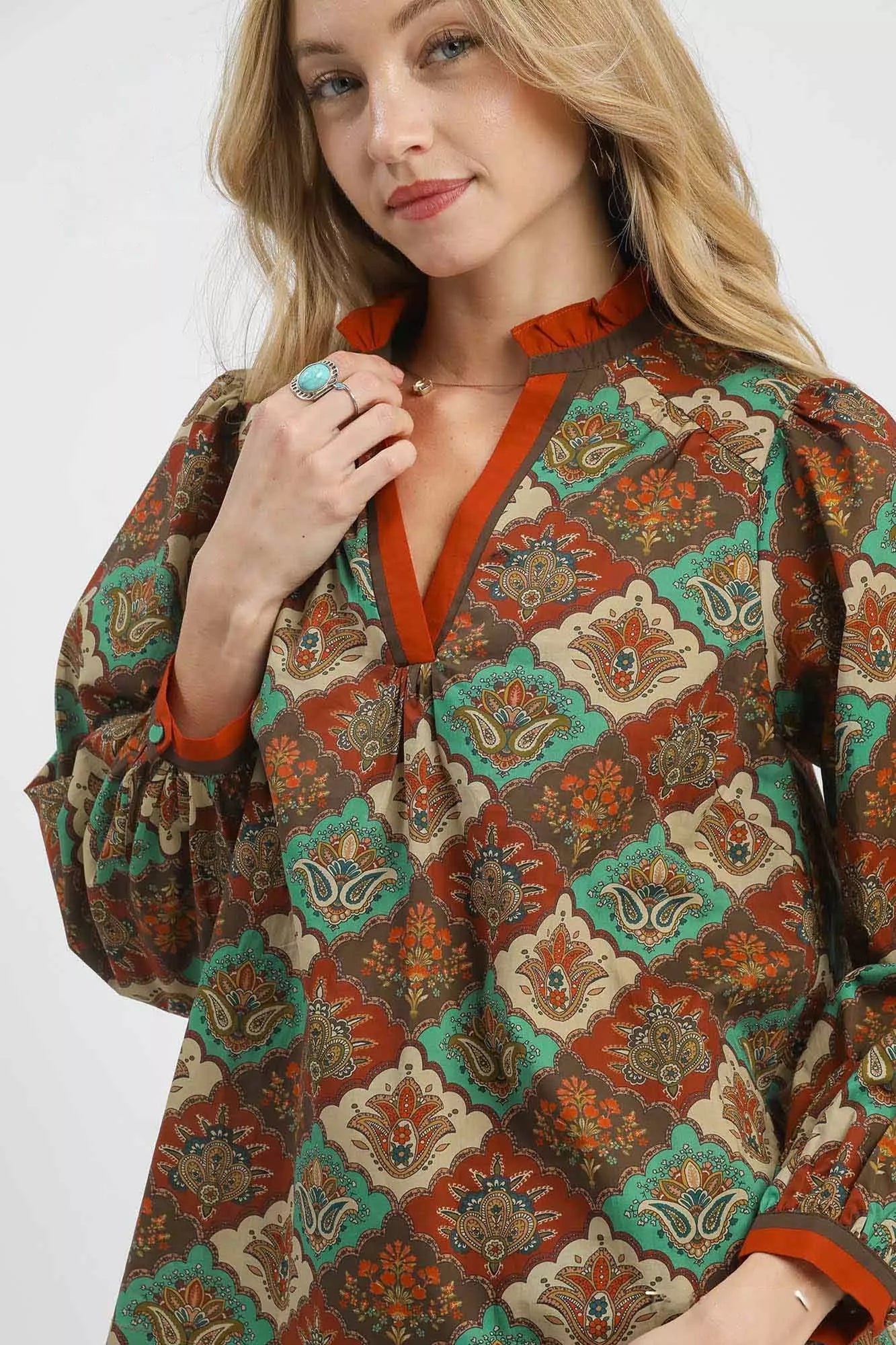 Umgee Abstract Print Ruffle Neck Top
