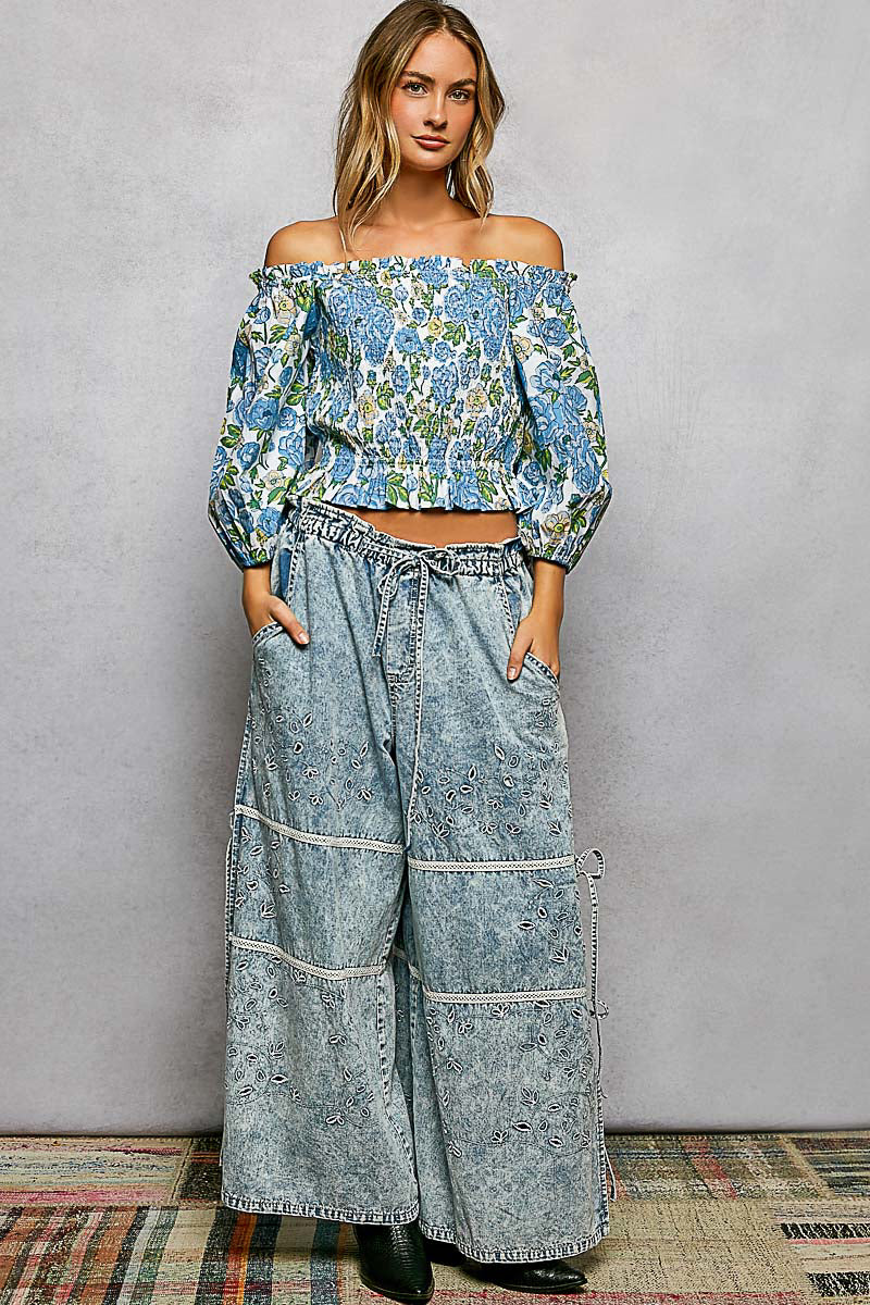 POL Floral Print Smocked Off-Shoulder Blouse