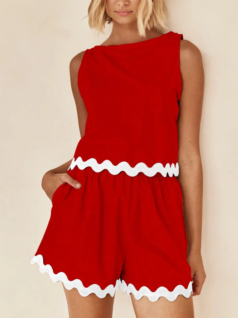 Contrast Trim Round Neck Tank and Shorts Set