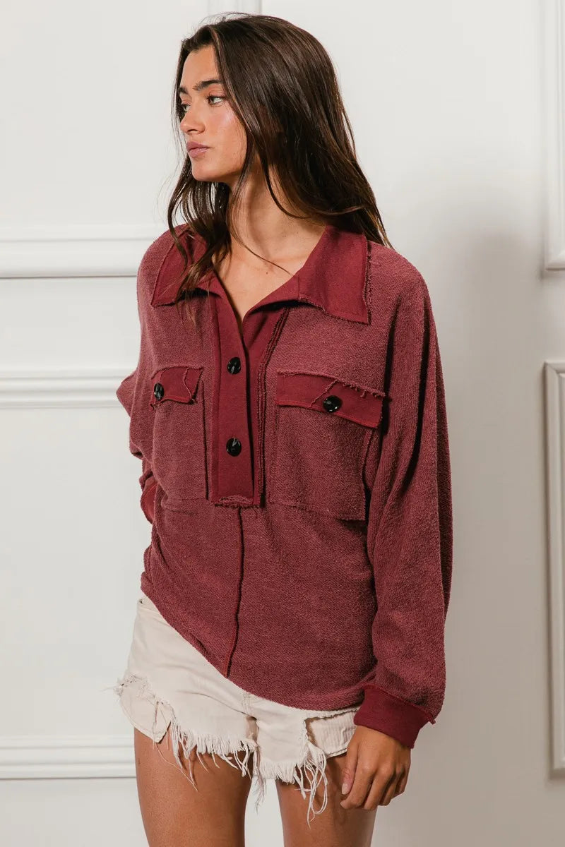 BiBi Cp French Terry Cut Edge Detail Collared Top