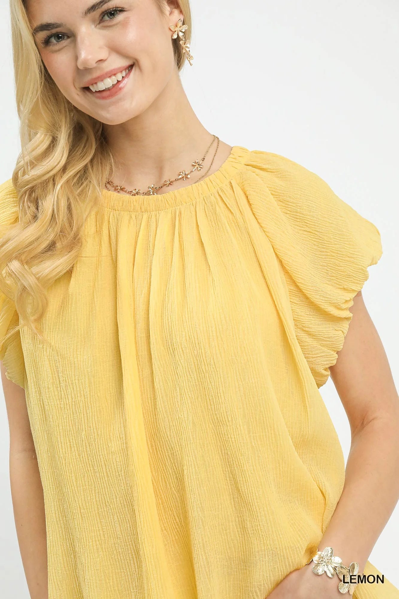 Umgee Crinkle Flutter Sleeve Peasant Top