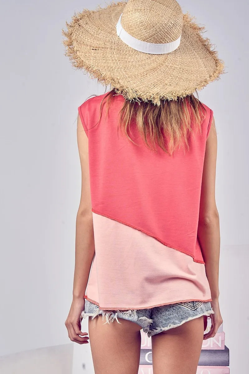BiBi Color Block Contrast Stitching Buttoned Henley Top