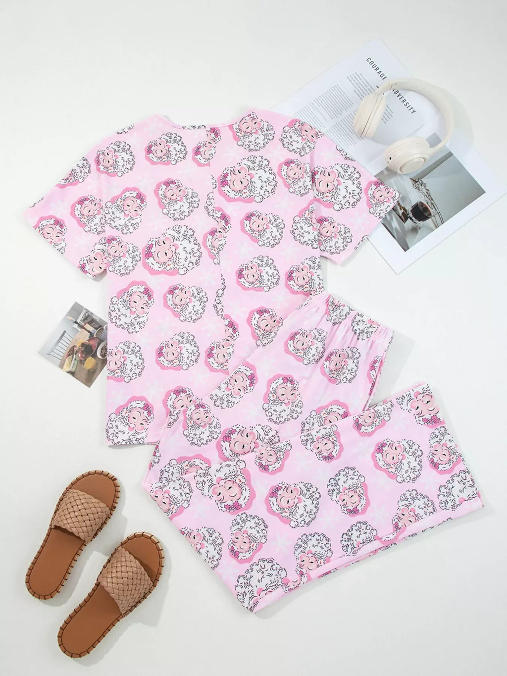 Santa Claus Print V Neck Tee Drawstring Pants 2pcs Lounge Set